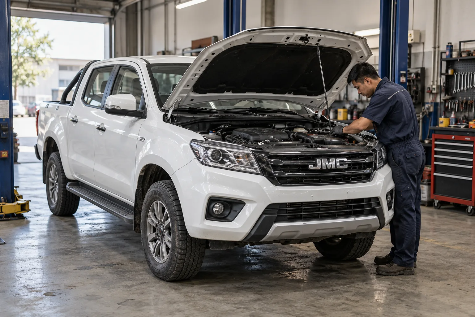 Mechanic inspecting a white JMC pickup with its hood open in a garage