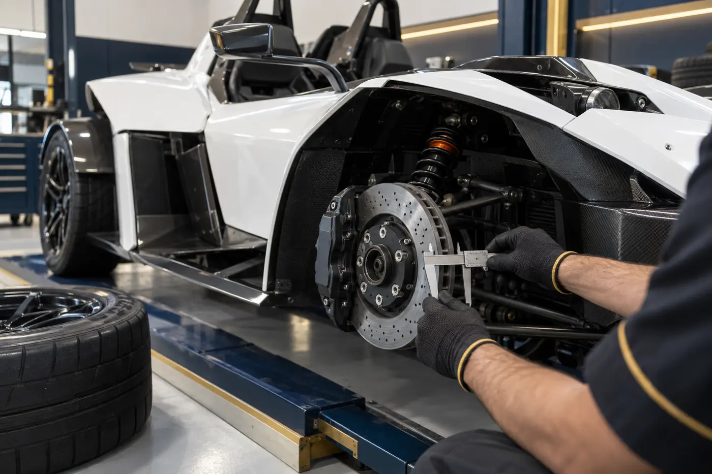 KTM X-BOW brake and suspension inspection in a Dubai workshop