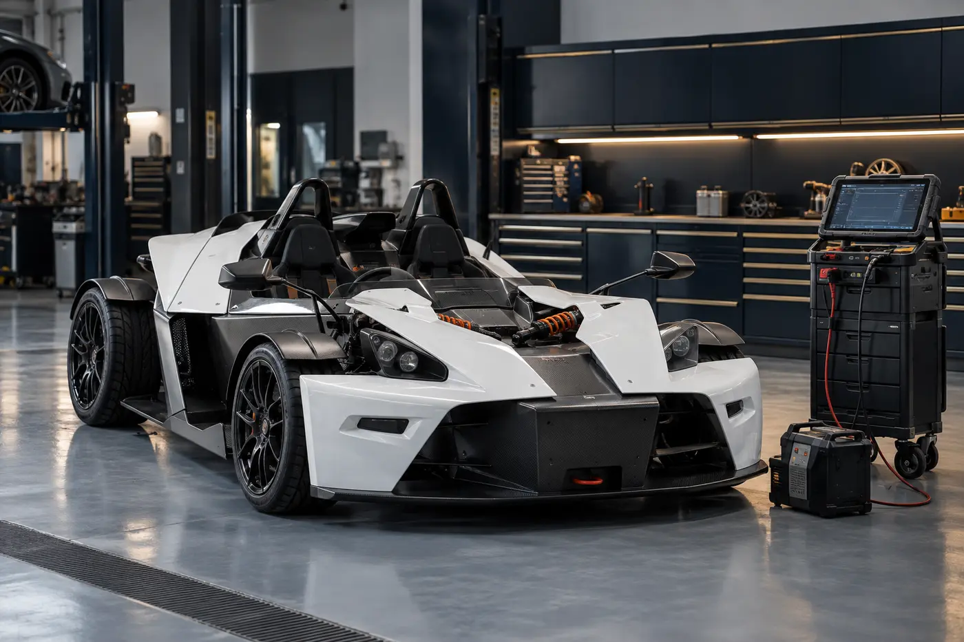 White KTM X-BOW undergoing diagnostic inspection in a Dubai workshop