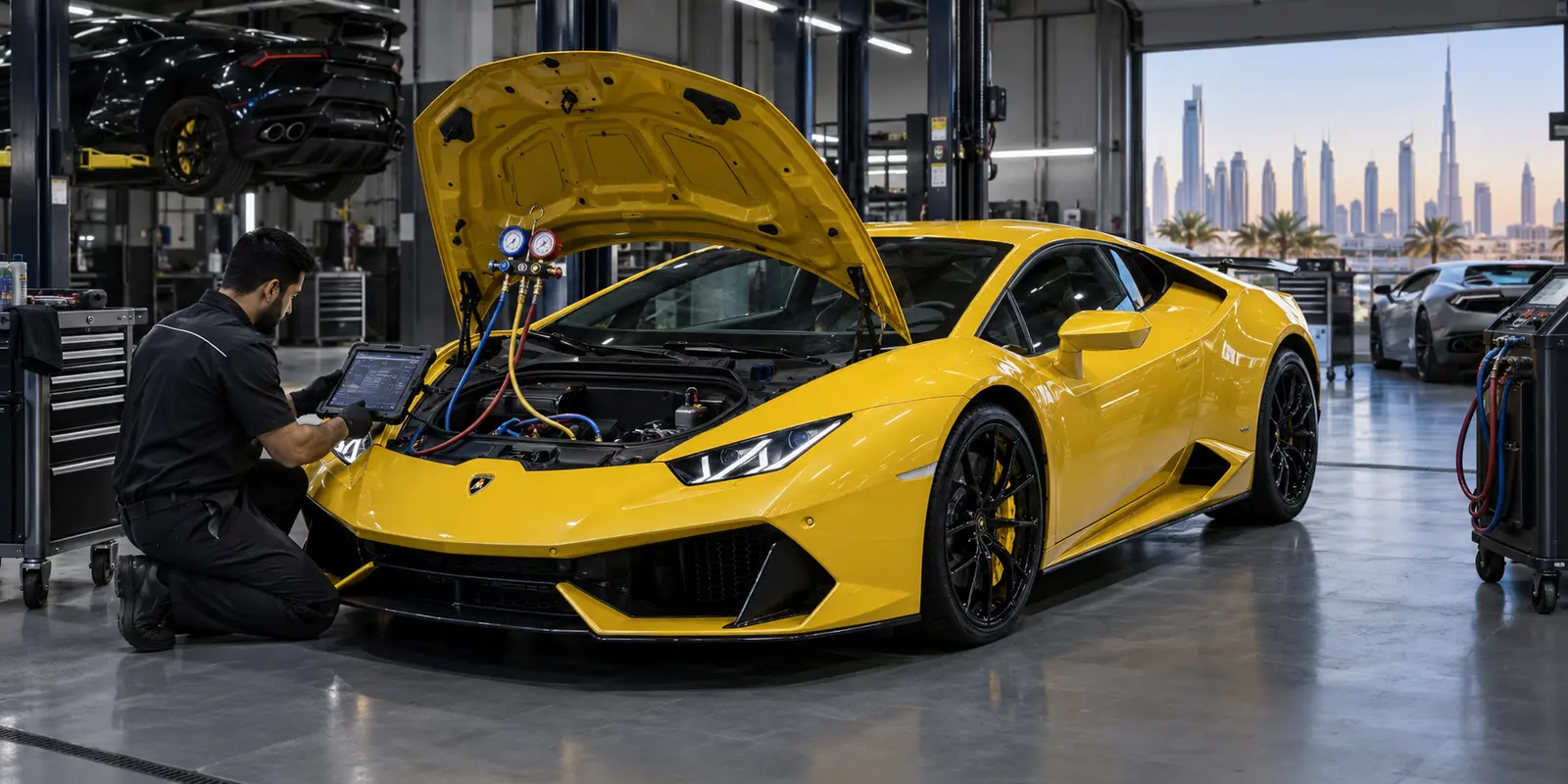 Yellow Lamborghini Huracan undergoing AC diagnosis in a Dubai workshop
