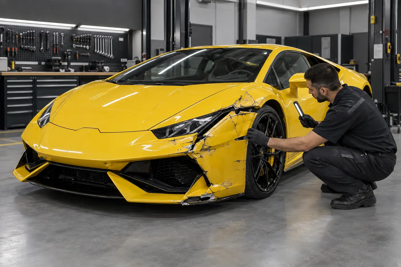 Technician inspecting a damaged yellow Lamborghini in an independent Dubai workshop