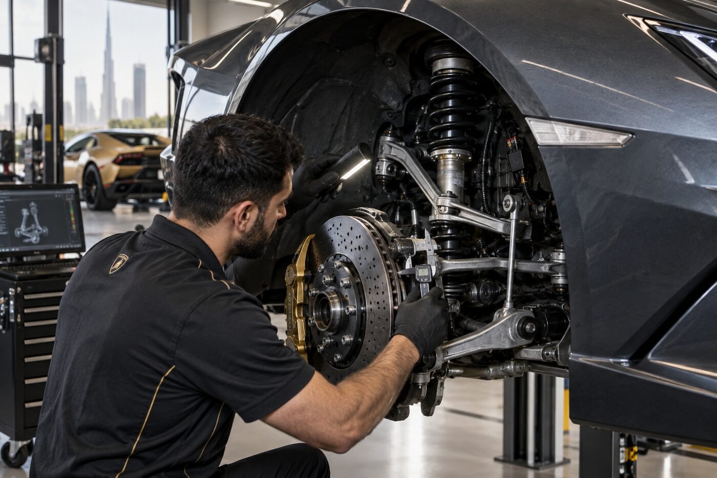 Lamborghini wheel and suspension inspection in Dubai