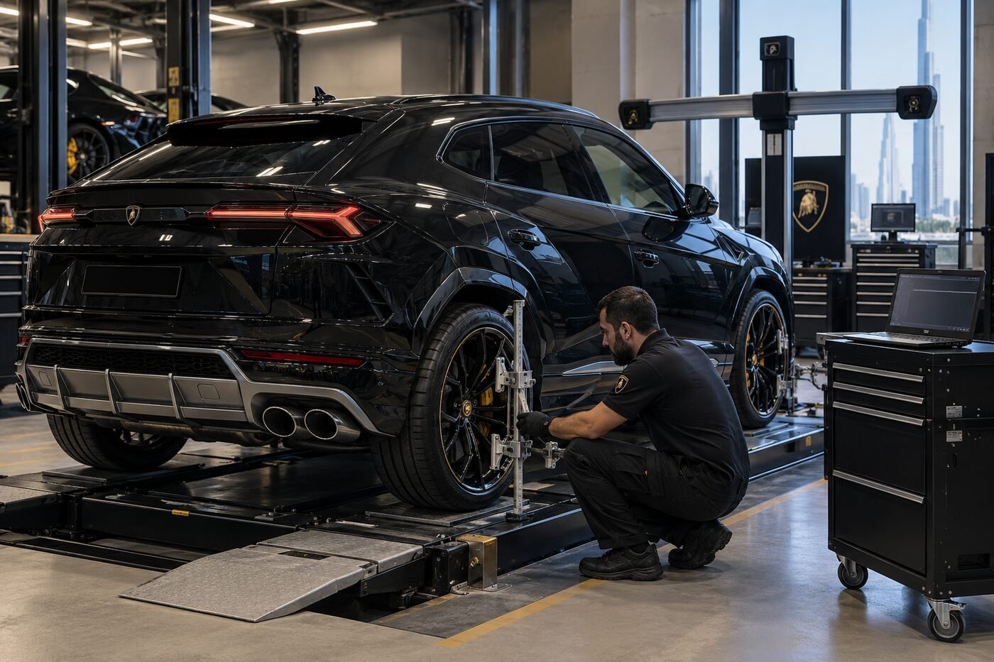 Lamborghini Urus chassis, wheel, and suspension inspection on a lift