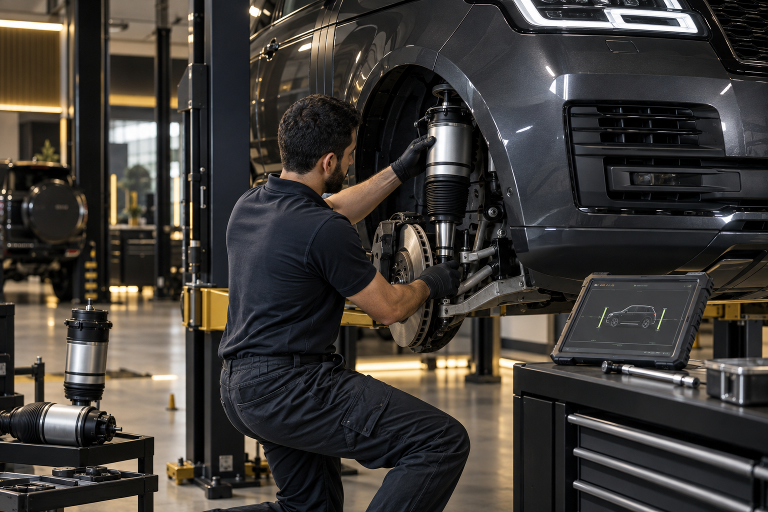 Technician installing and testing an air suspension component
