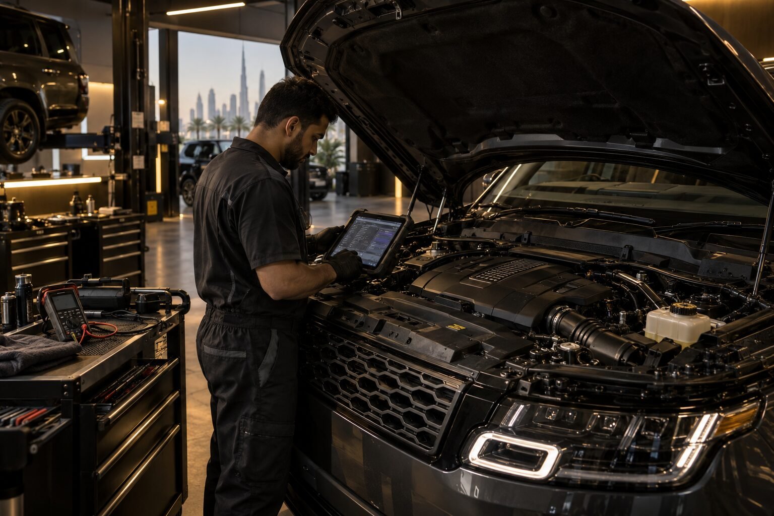Technician checking a Land Rover engine during service