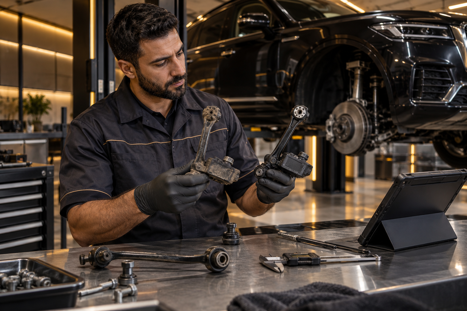 Technician comparing old and new Land Rover suspension components