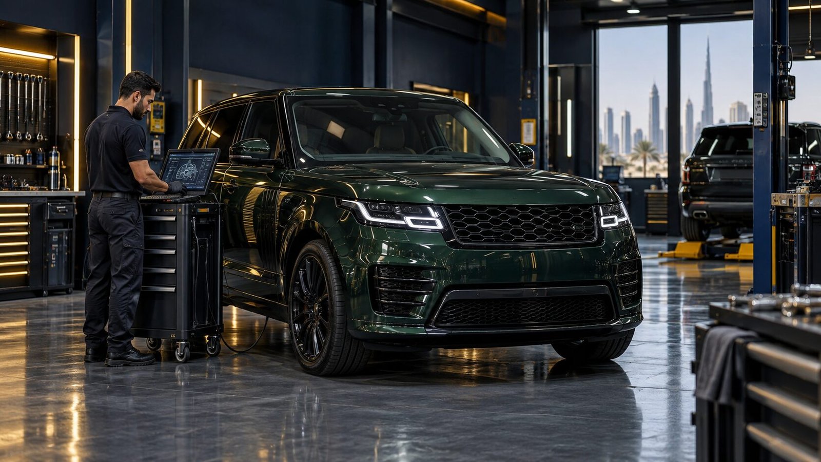 Land Rover ready for service inspection at a Dubai workshop
