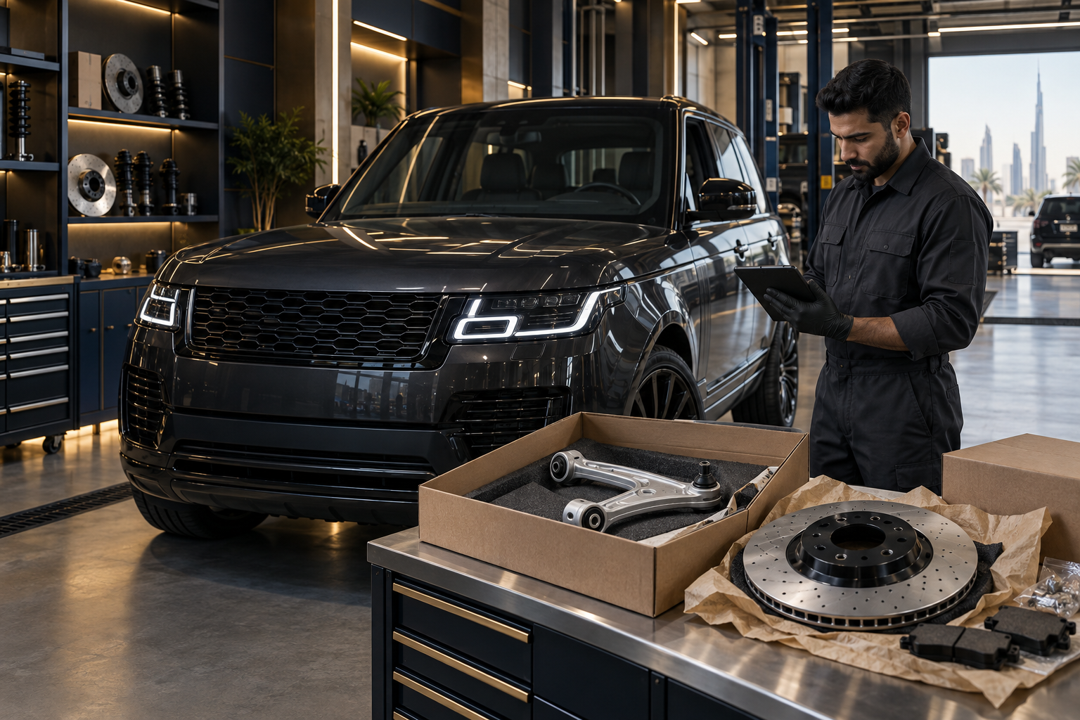Technician checking replacement parts beside a luxury SUV in Dubai