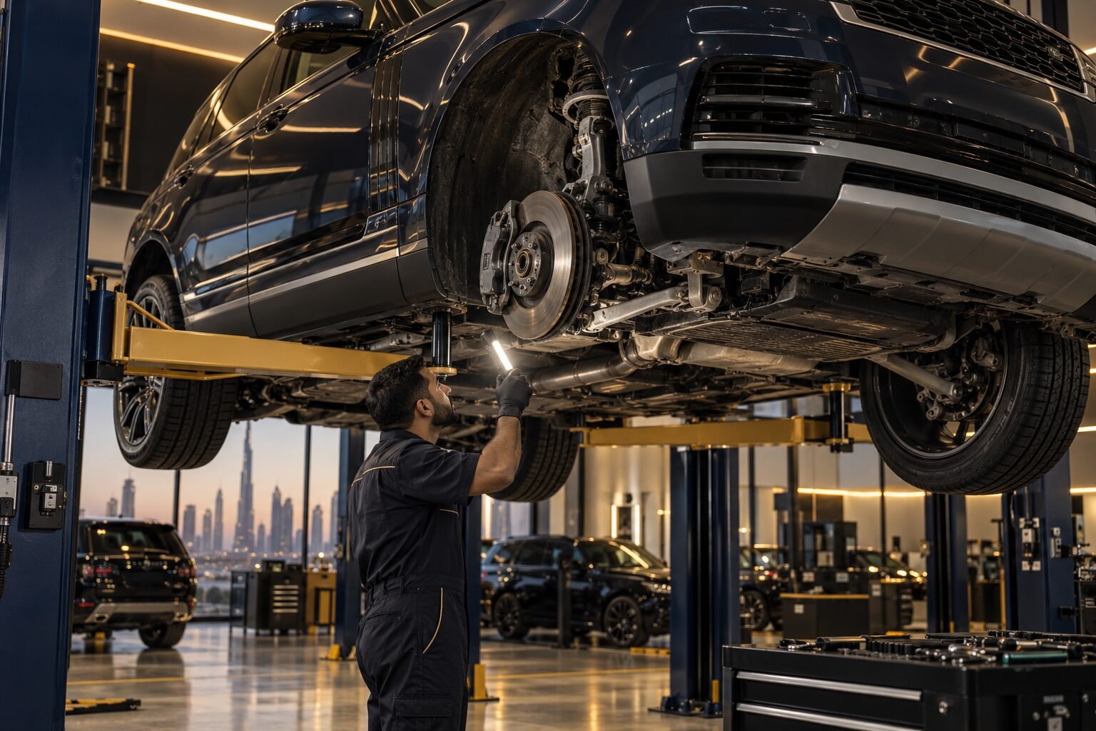 Land Rover underbody inspection during scheduled service