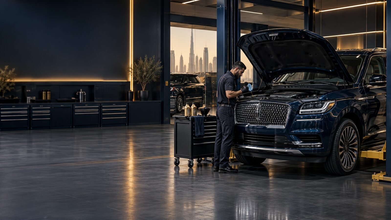Lincoln luxury SUV oil change at a premium Dubai workshop
