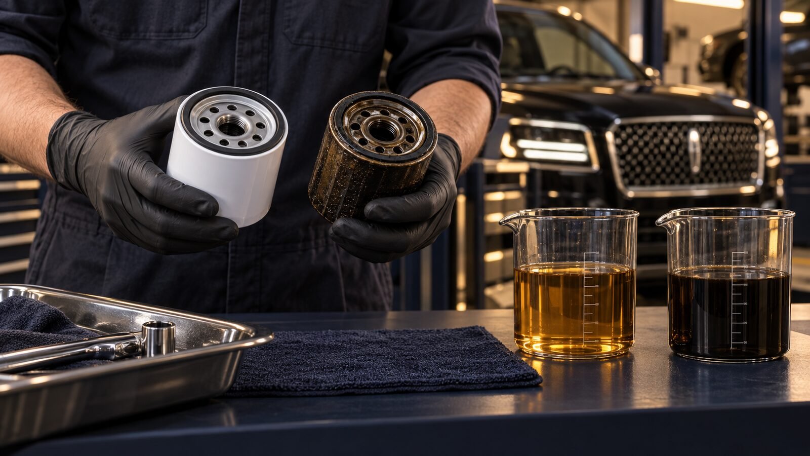 Technician comparing engine oil filters during a Lincoln oil service
