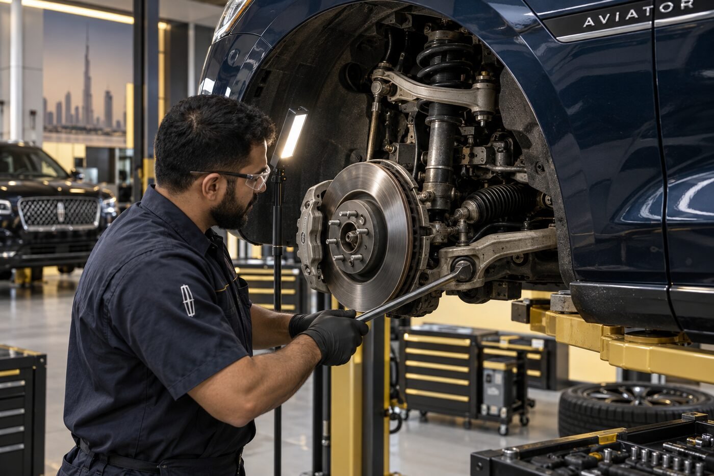 Technician checking Lincoln suspension and wheel components