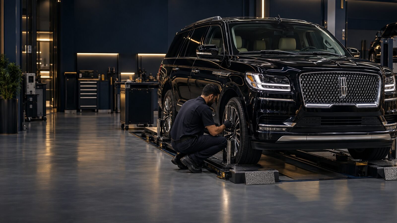 Lincoln suspension repair inspection in a Dubai workshop