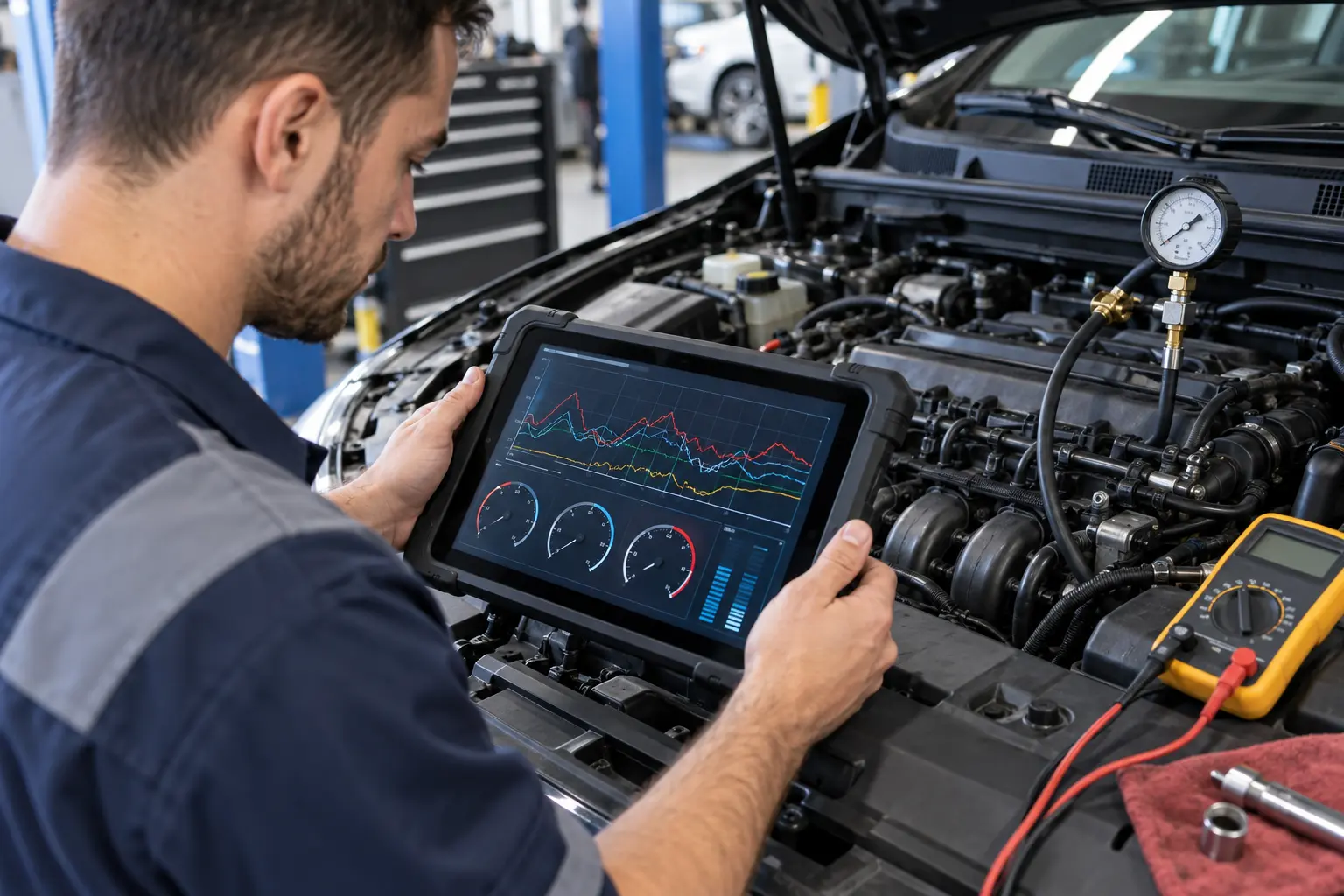 Technician reviewing a diagnostic tablet beside engine test equipment
