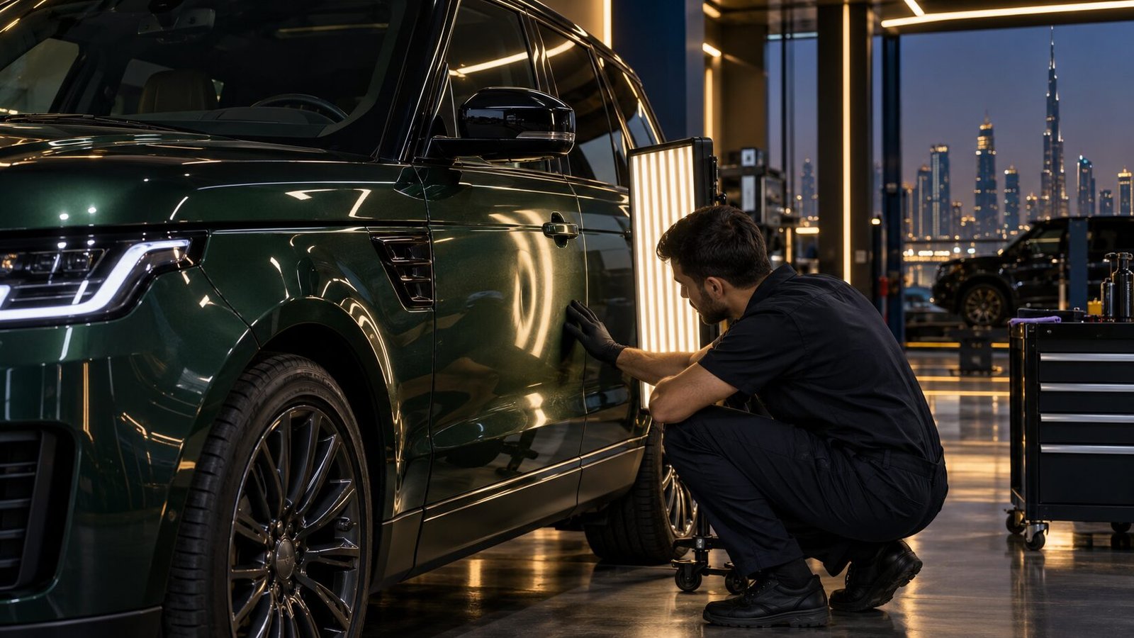 Land Rover door dent inspection in a Dubai body shop