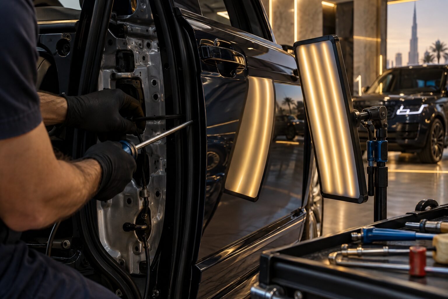 Paintless dent repair tools working behind a Land Rover door panel