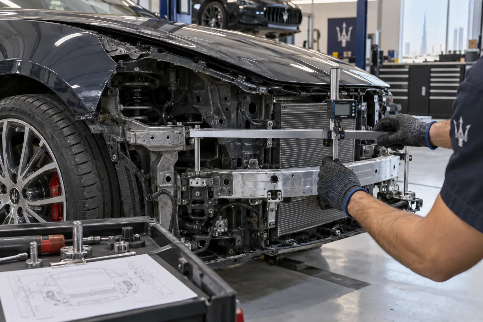 Maserati collision structure measurement during accident repair
