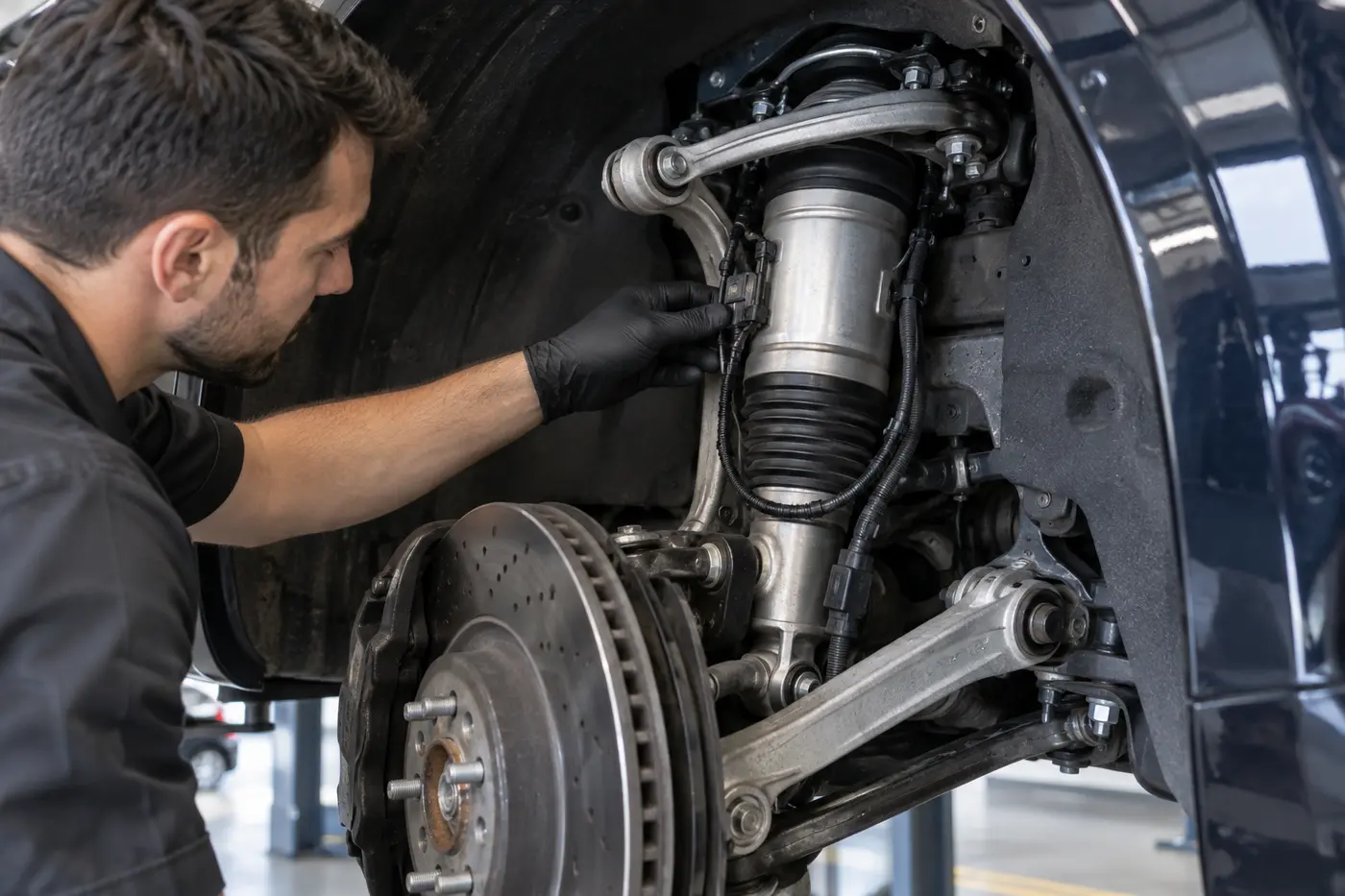 Technician inspecting Maserati shock spring and control arm components