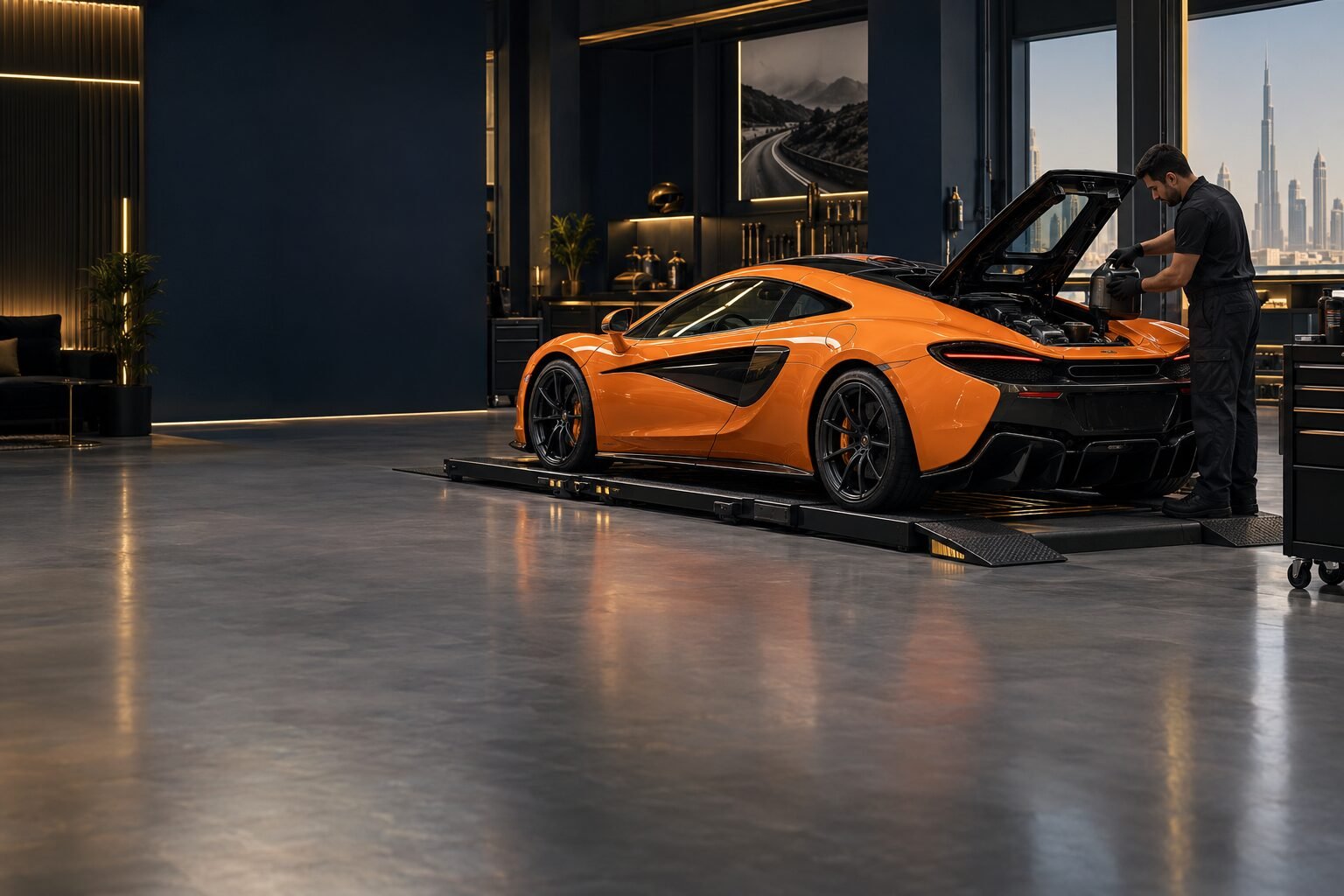 Orange McLaren prepared for an oil change on a low-clearance workshop lift in Dubai