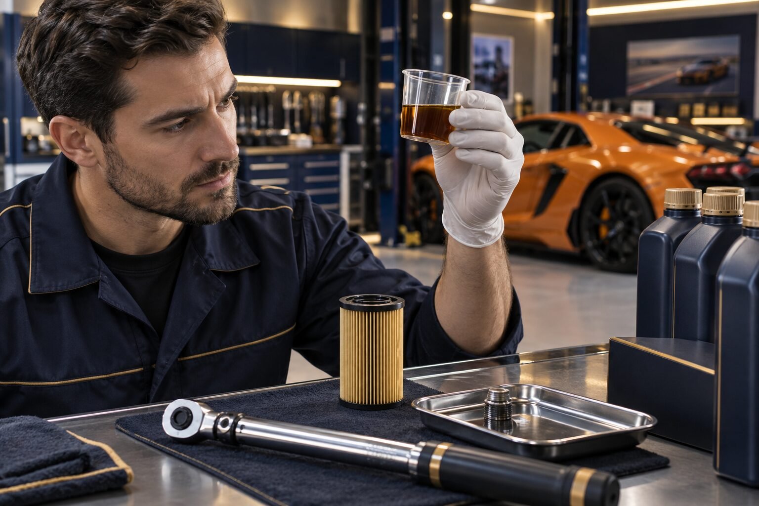 Technician inspecting drained engine oil and a cartridge filter during McLaren service