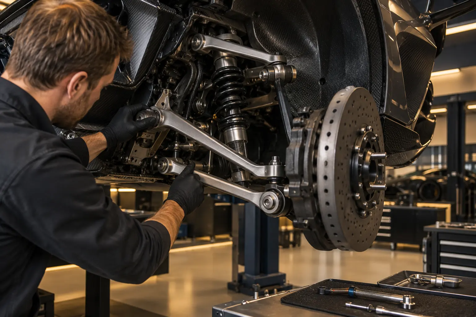 Technician inspecting McLaren control arms and suspension components