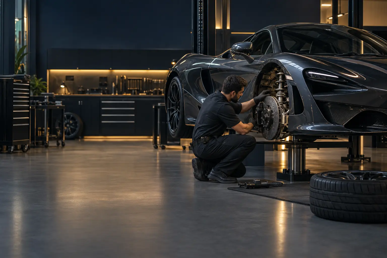 Technician inspecting McLaren suspension in a Dubai workshop