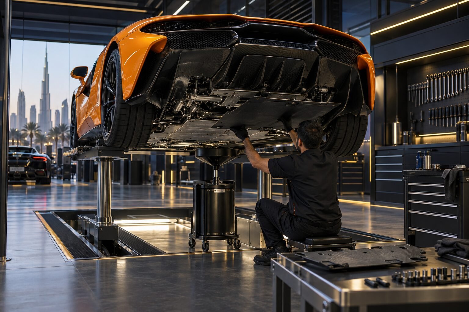 Technician removing a McLaren undertray for dry-sump oil service access