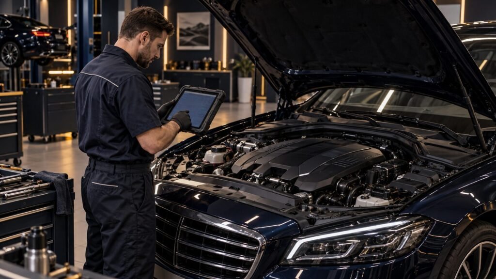 Technician using a diagnostic tablet beside a Mercedes with its hood open