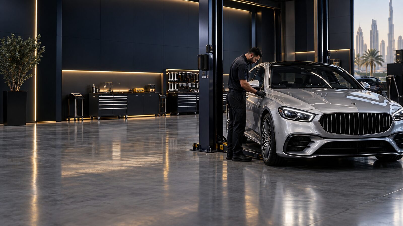 Silver Mercedes in an auto workshop