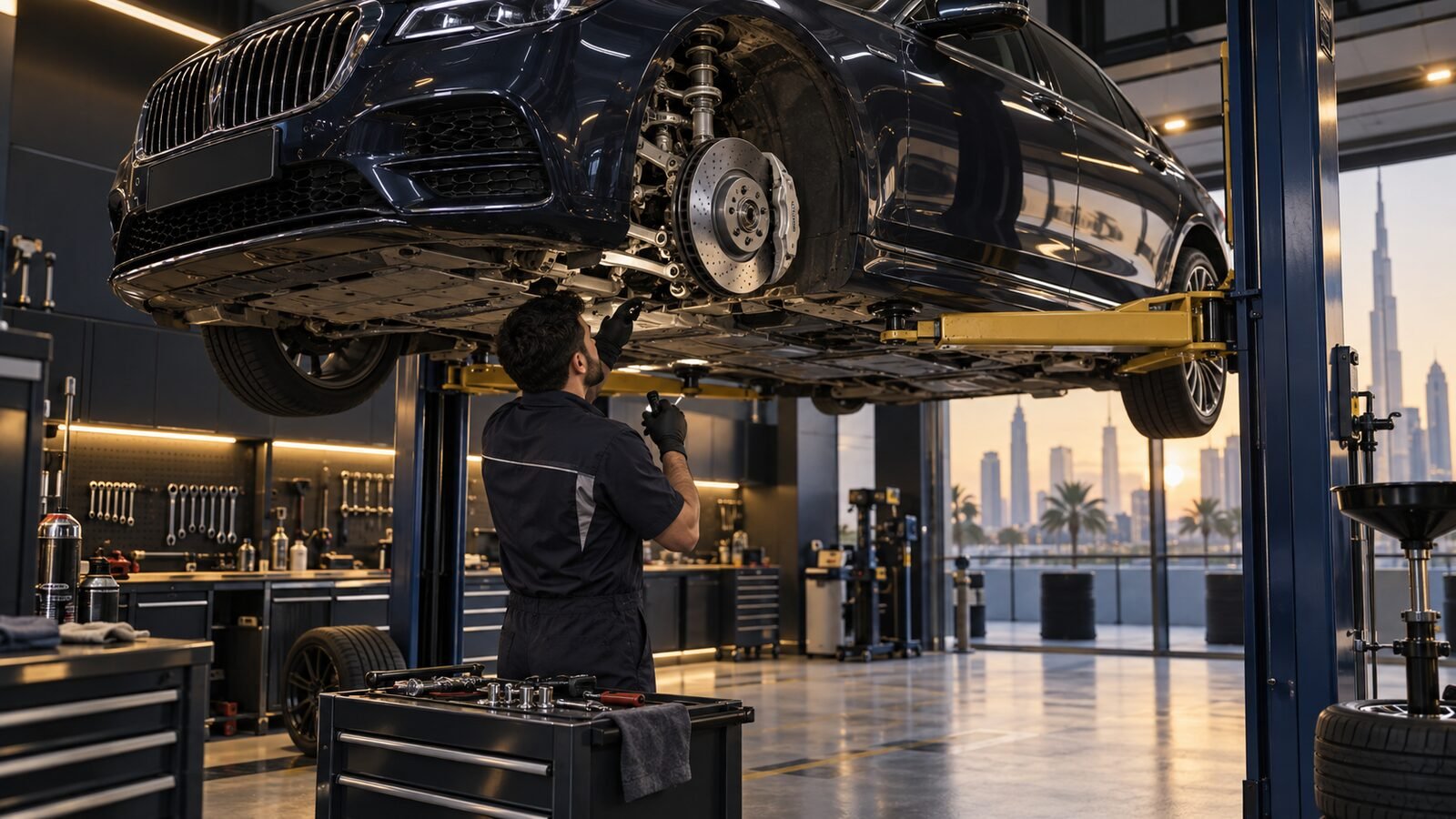 Mercedes suspension and brake inspection on a workshop lift