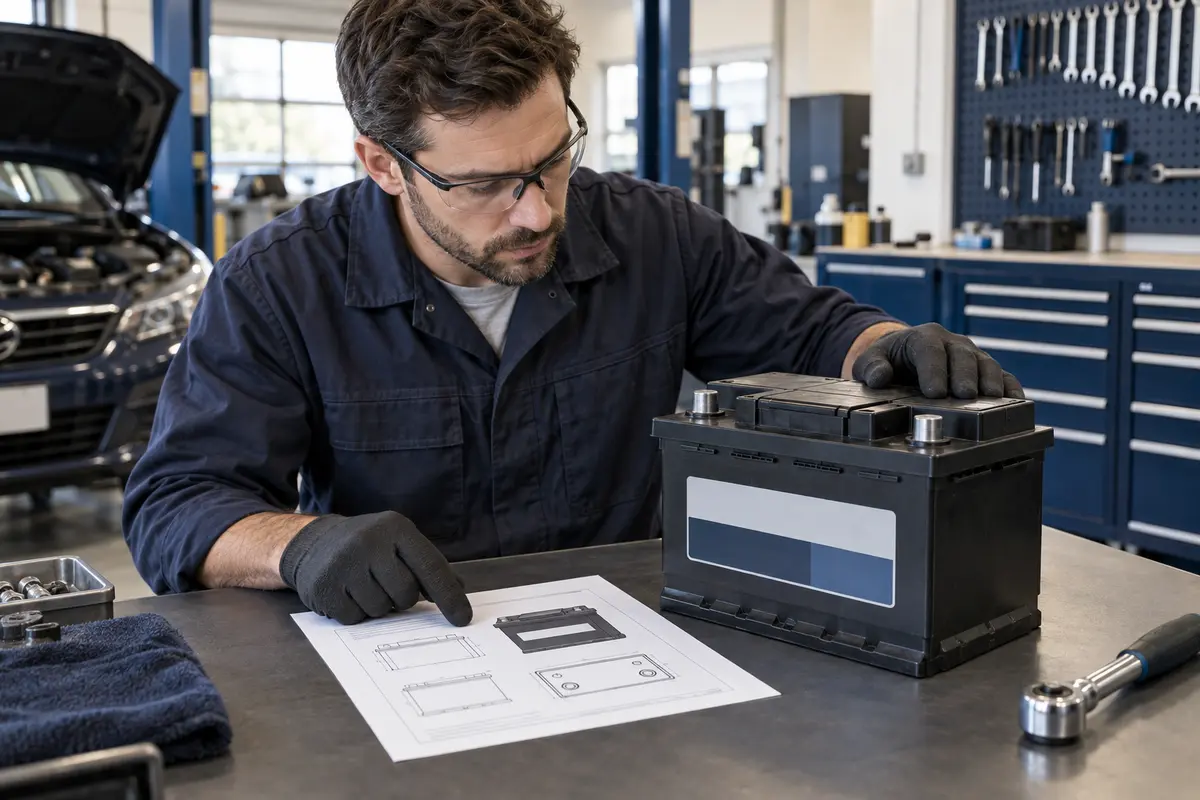 Technician comparing battery information with paperwork at a workbench