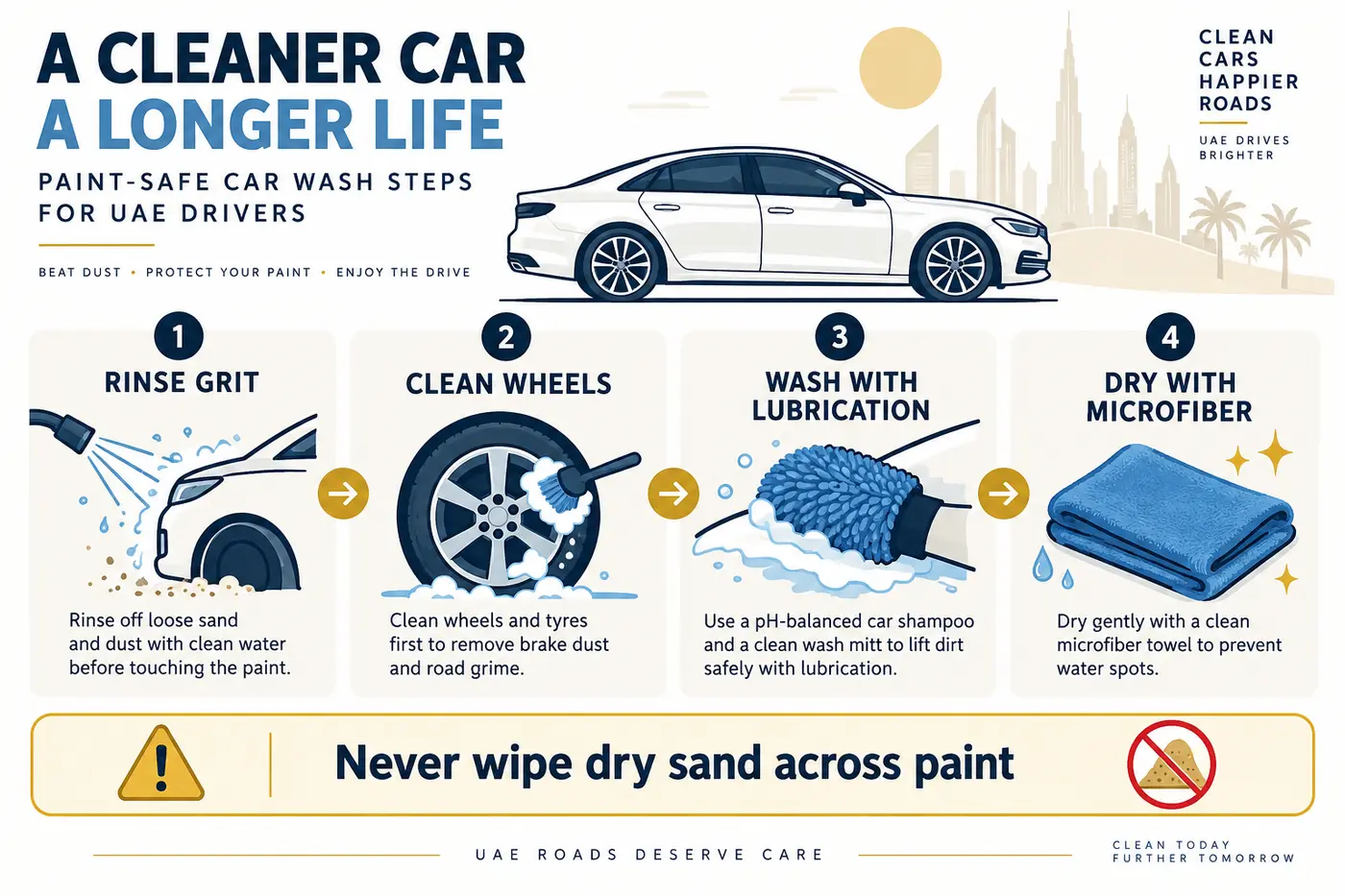 Paint-safe car wash steps for removing sand in Dubai