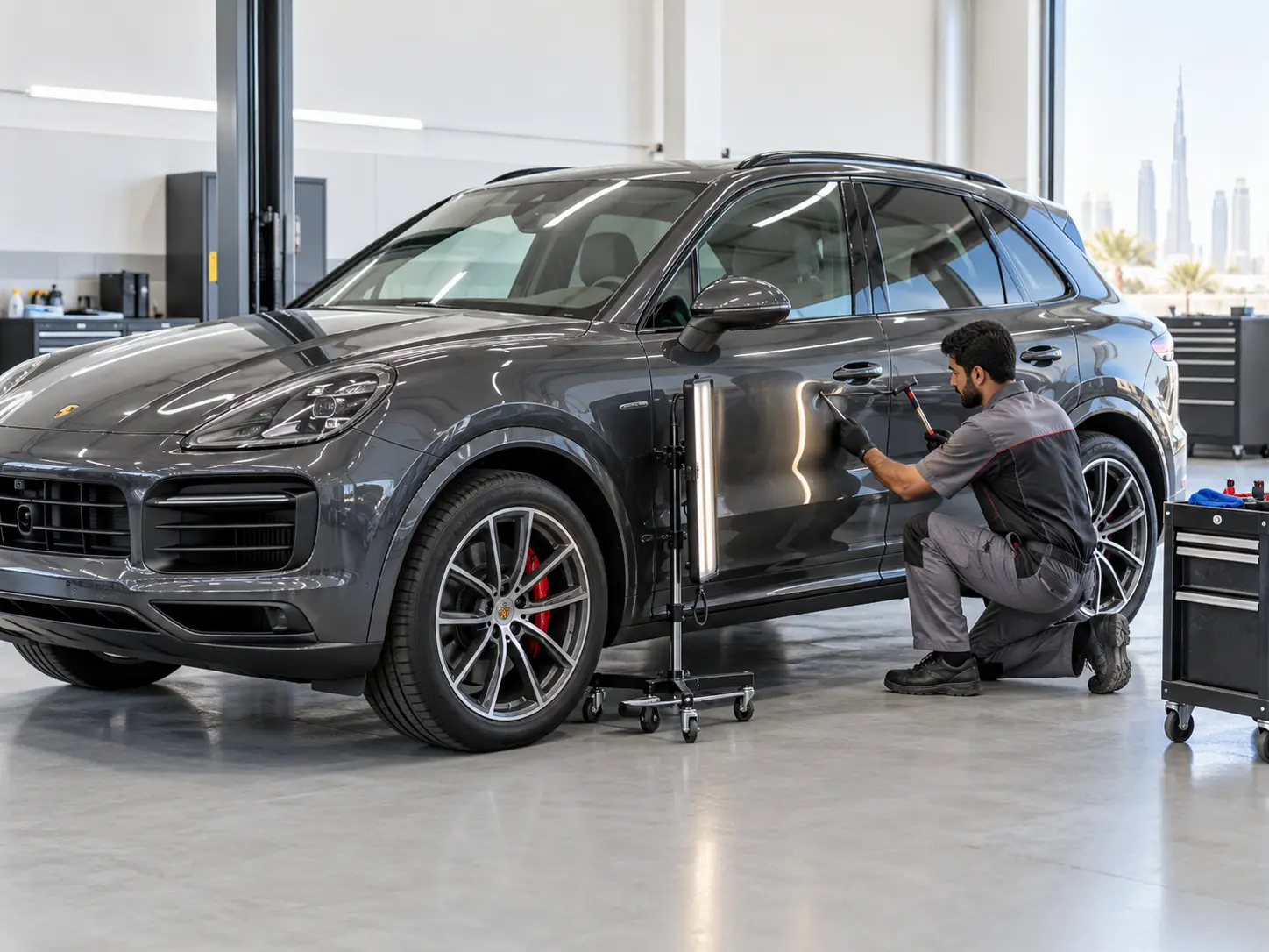 Porsche Cayenne receiving paintless dent repair in a Dubai workshop