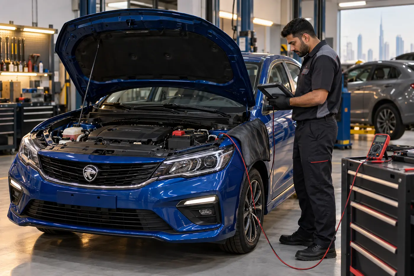 Technician diagnosing a Proton sedan with professional testing equipment