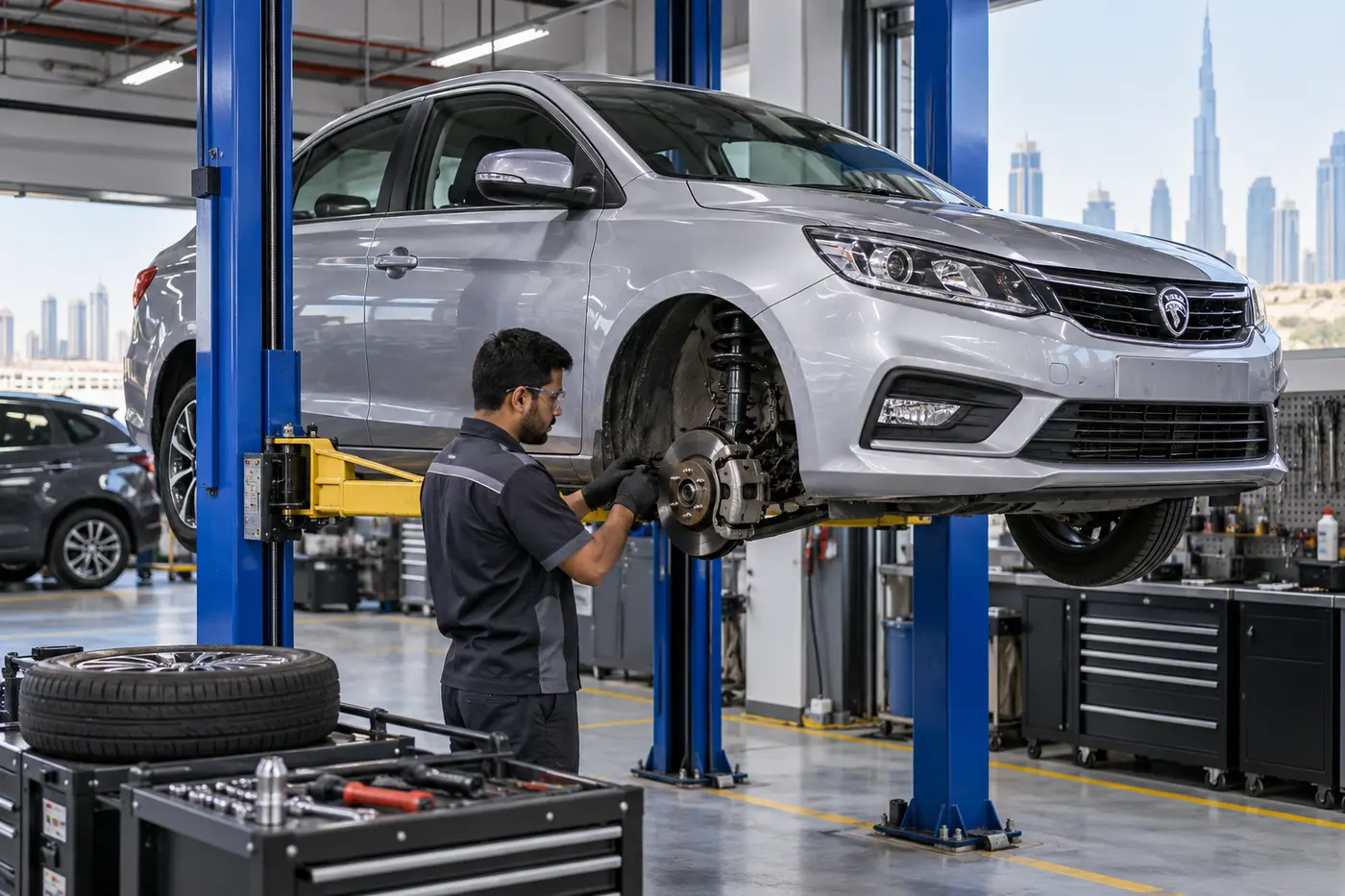 Proton sedan receiving brake and suspension inspection on a workshop lift