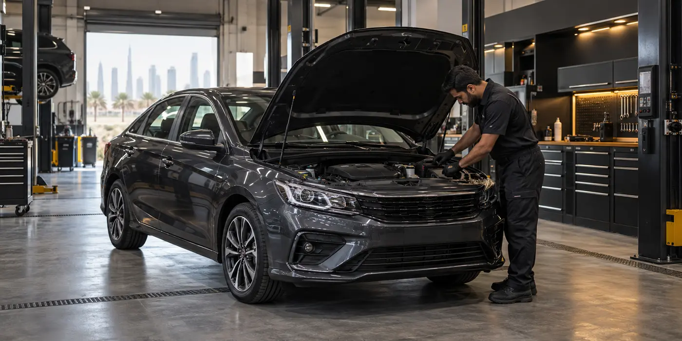 Technician inspecting a Proton sedan at an Al Quoz 4 workshop