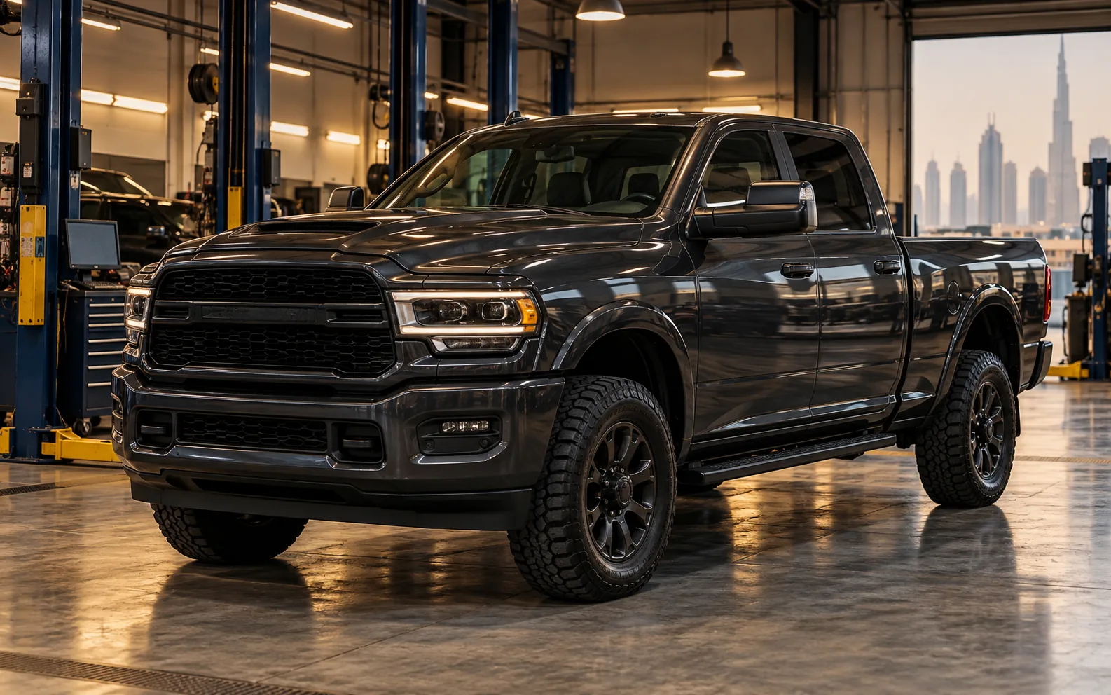Dark pickup truck in a workshop service bay