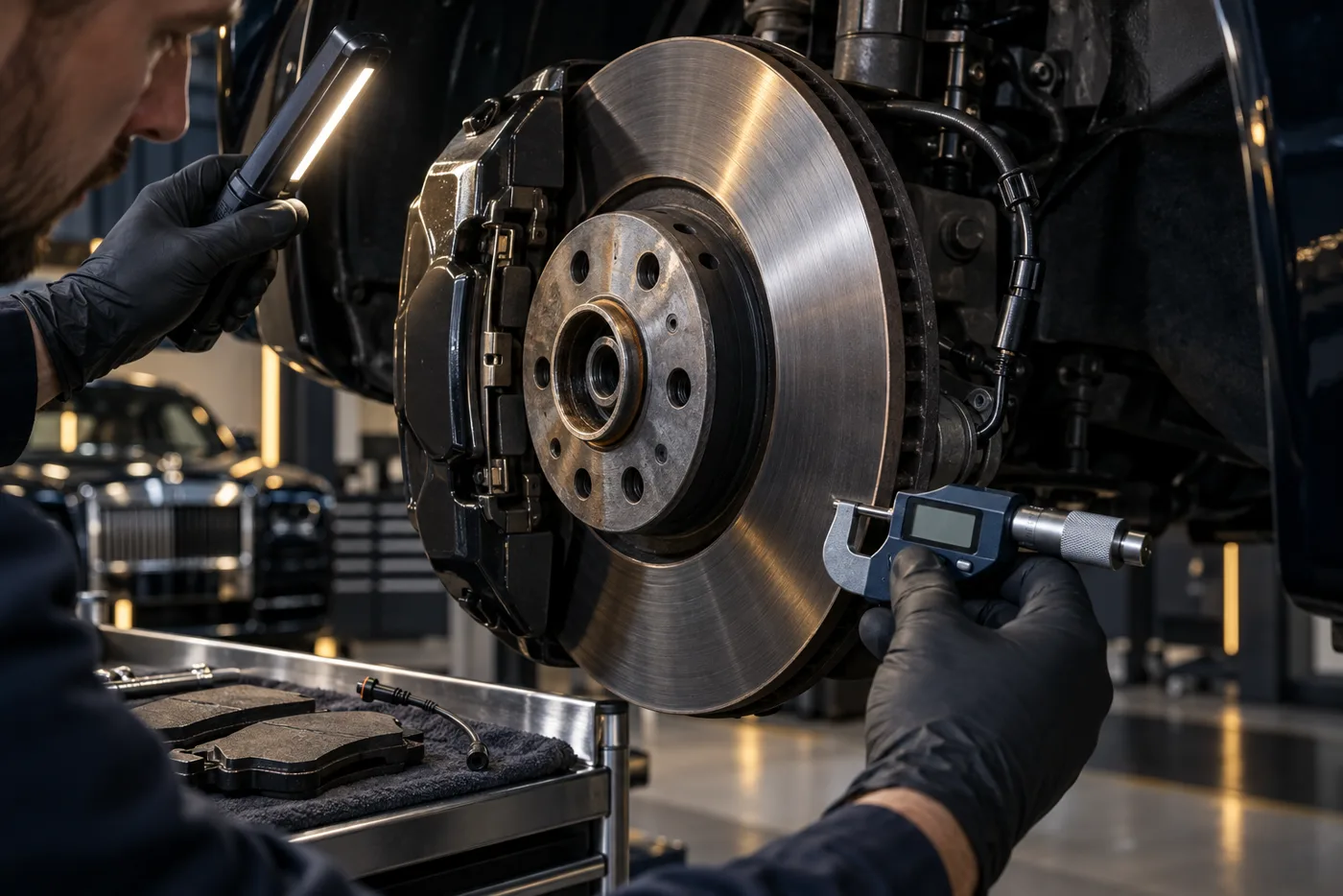 Technician measuring a Rolls-Royce brake disc and pad