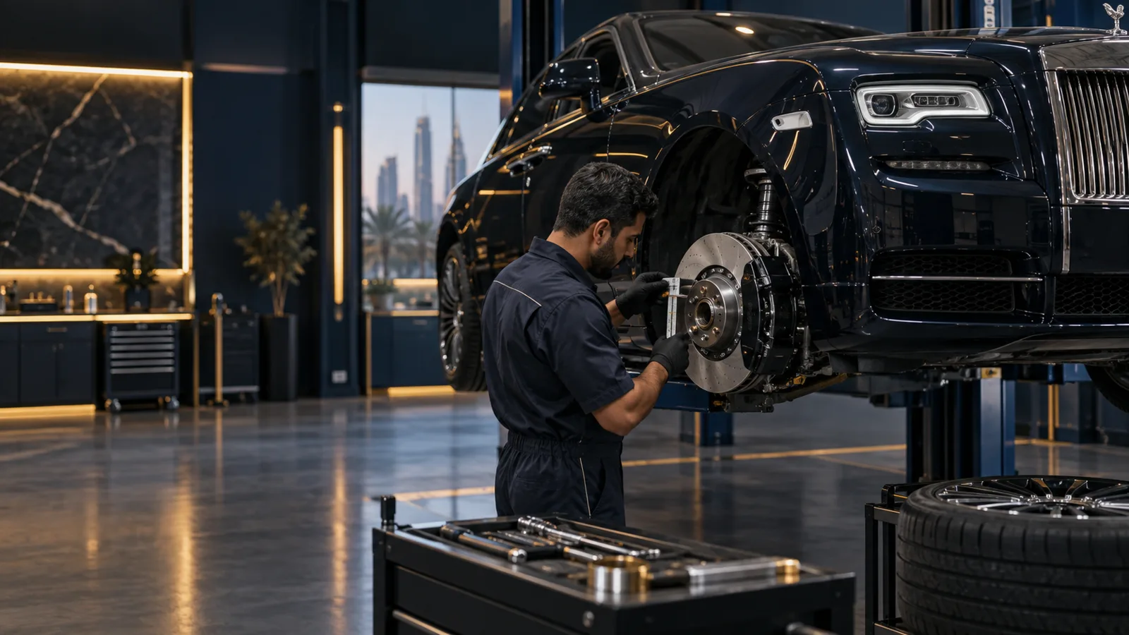 Rolls-Royce brake repair inspection in a Dubai workshop