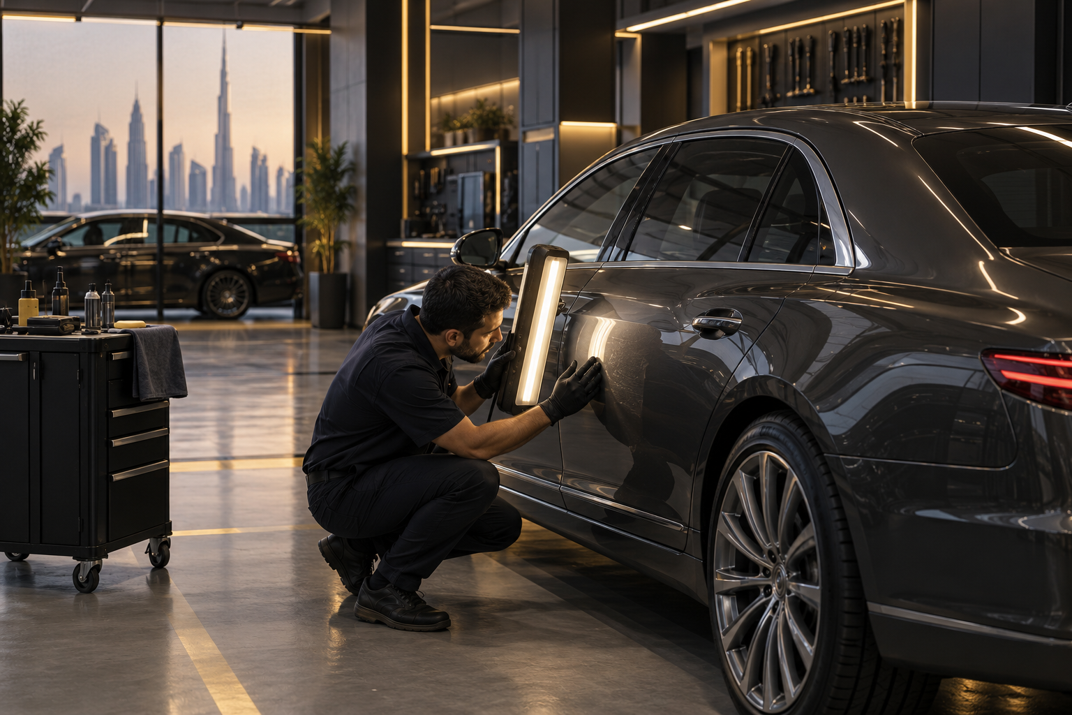 Technician inspecting a luxury car body panel in a Dubai workshop