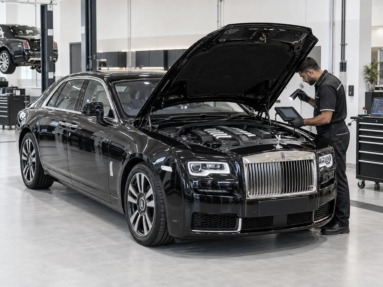 Rolls-Royce engine inspection at an Al Quoz workshop