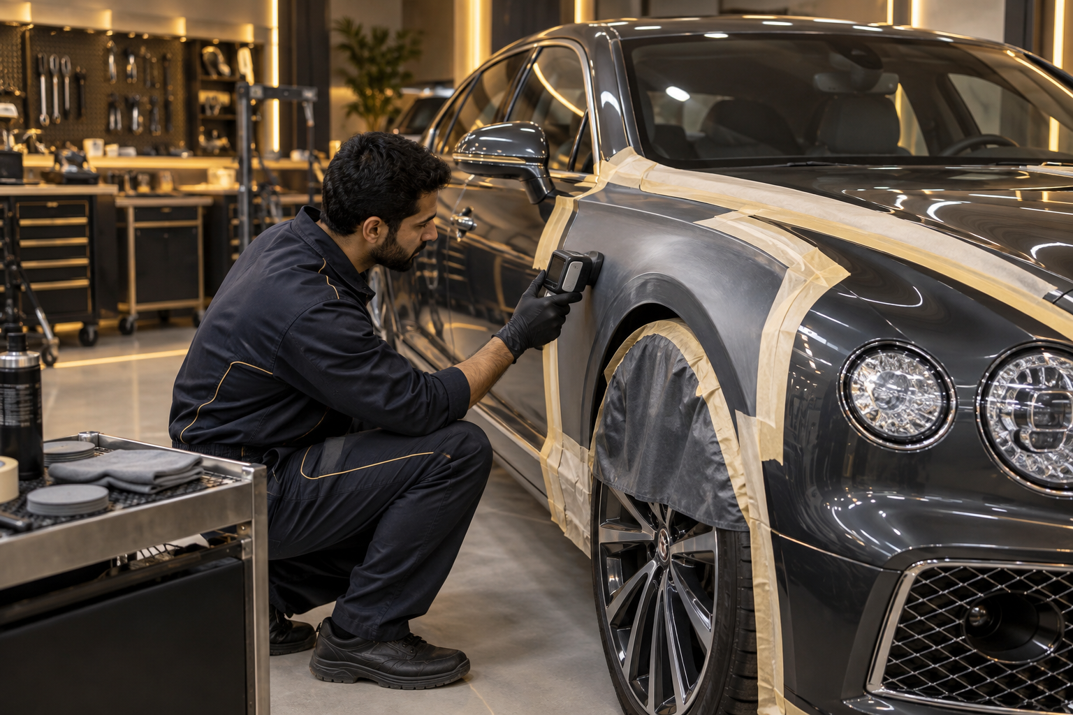 Technician preparing a luxury car fender for precision refinishing