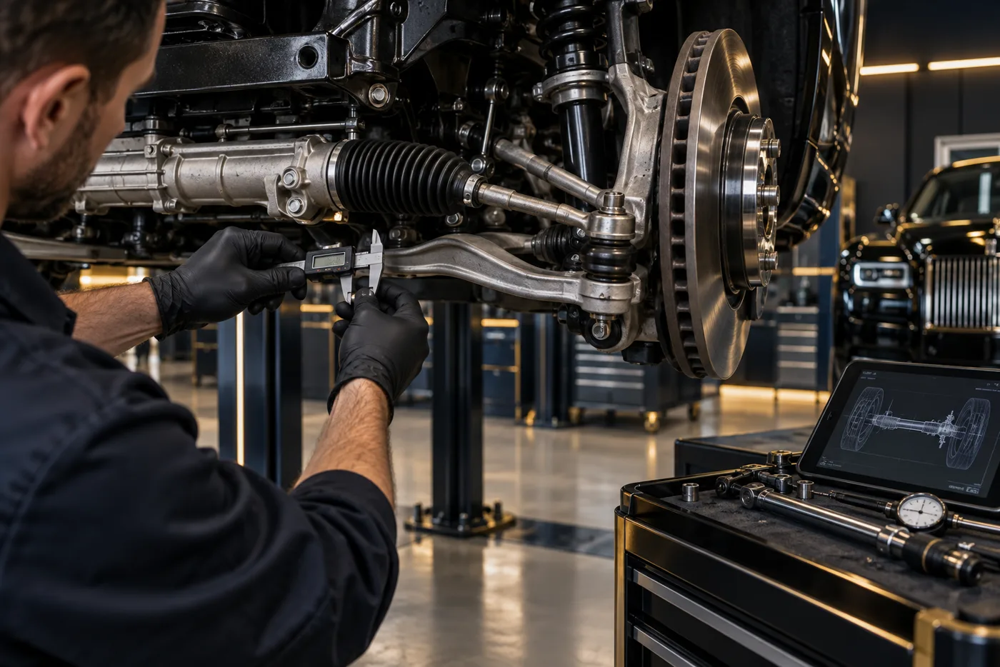 Technician measuring a luxury car steering rack and linkage