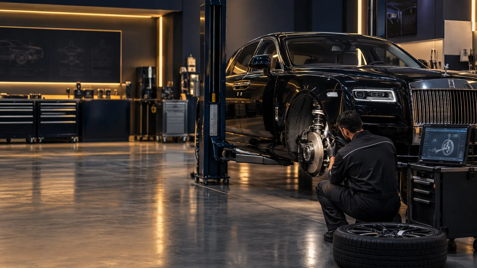 Rolls-Royce steering repair inspection in a Dubai workshop