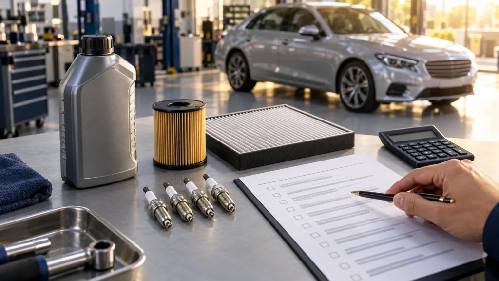 Oil bottle, filters, spark plugs and calculator beside a service checklist
