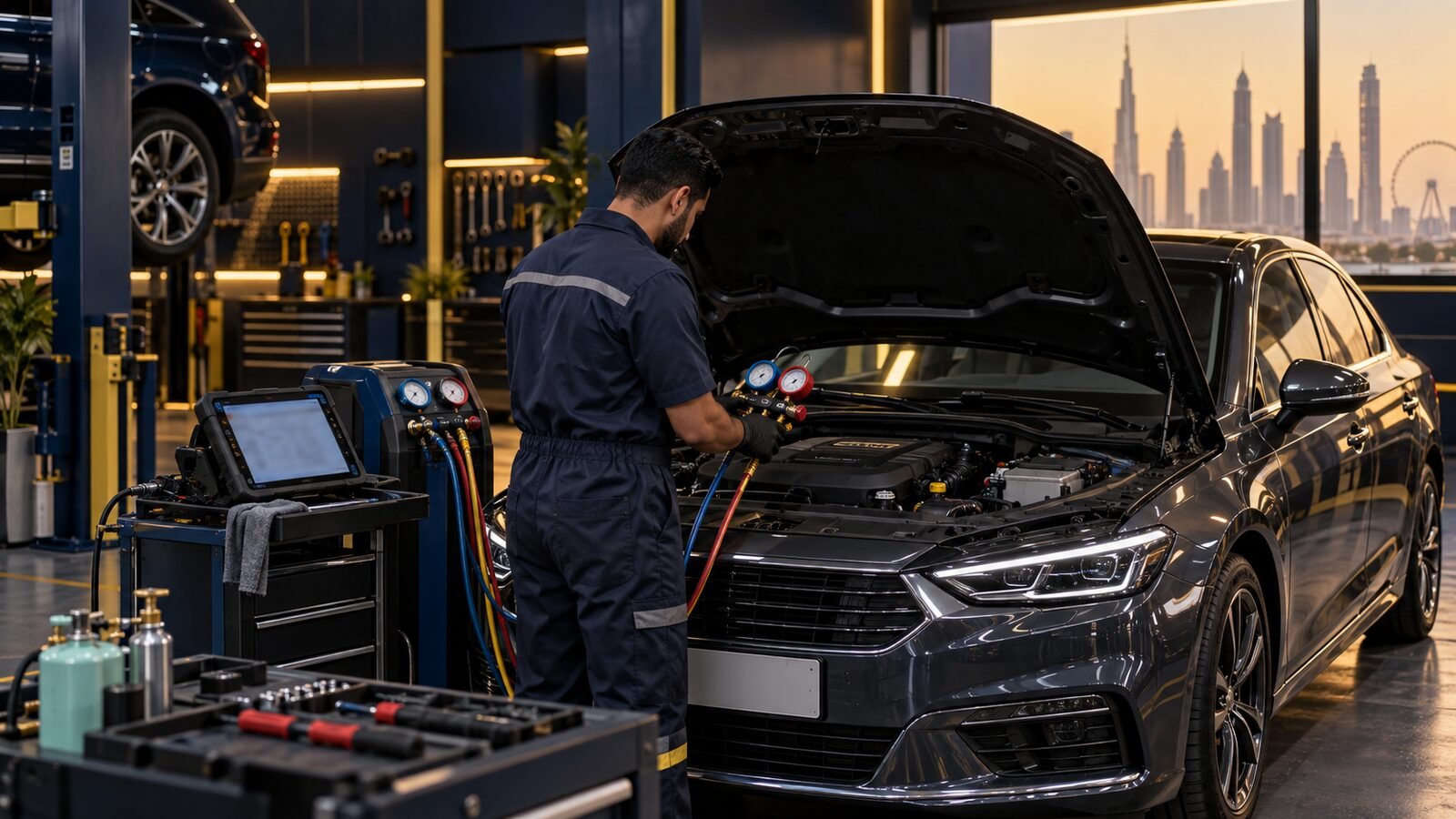 Technician checking vehicle air-conditioning pressures and electrical operation