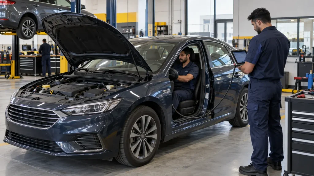 Technicians diagnosing sluggish acceleration on a car in a workshop