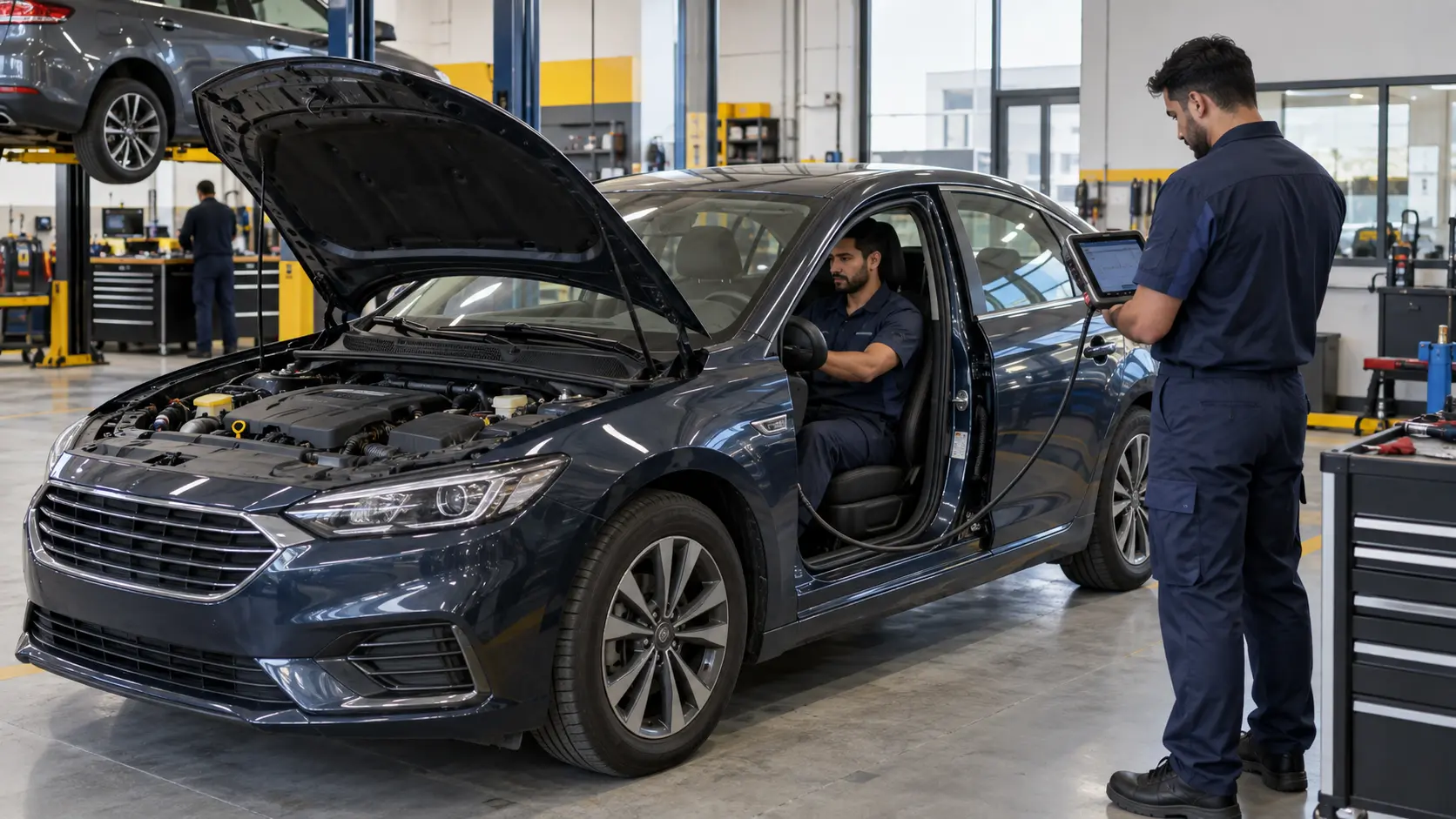 Technicians diagnosing sluggish acceleration on a car in a workshop