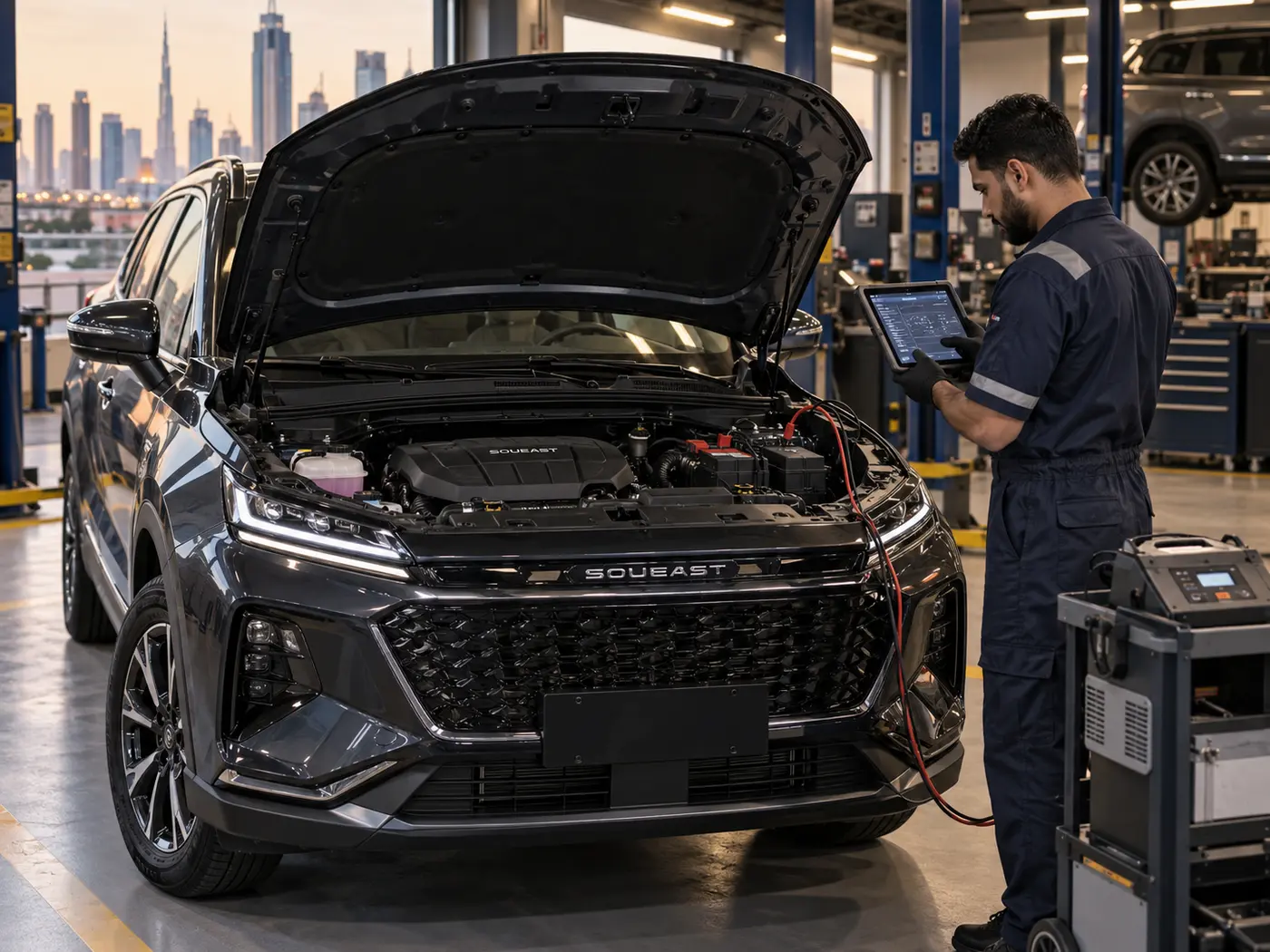 Diagnostic equipment beside a Soueast SUV in a workshop scene