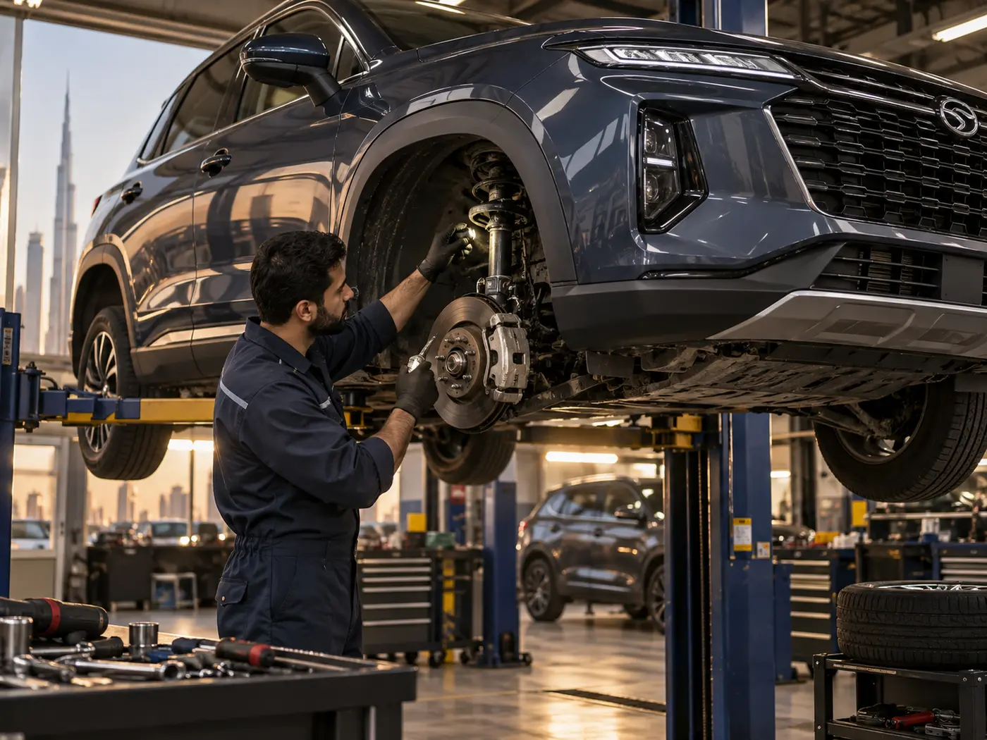 Technician inspecting SUV brakes and suspension in a workshop scene